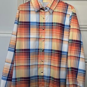 Women's Orange Plaid Button-Down Shirt